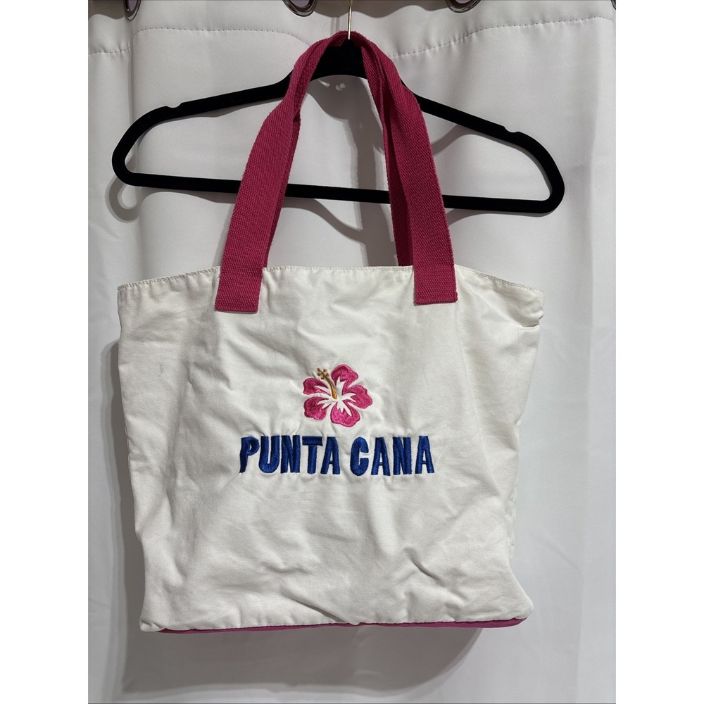 Punta Cana Tropical Canvas Beach‎ Bag Vacation Swim Travel Sunset White/Pink